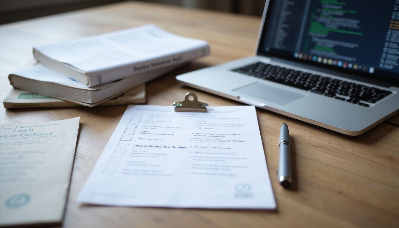 A neatly organized office desk featuring a checklist and laptop.