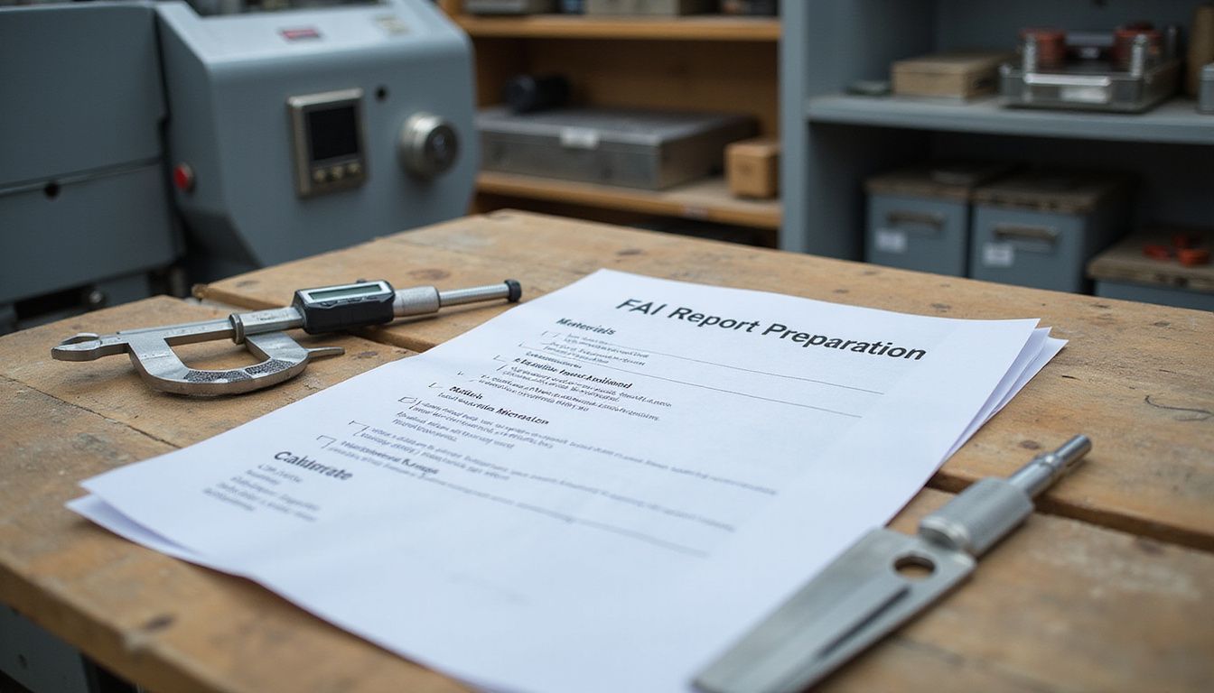 A checklist for FAI report preparation on a wooden workbench.