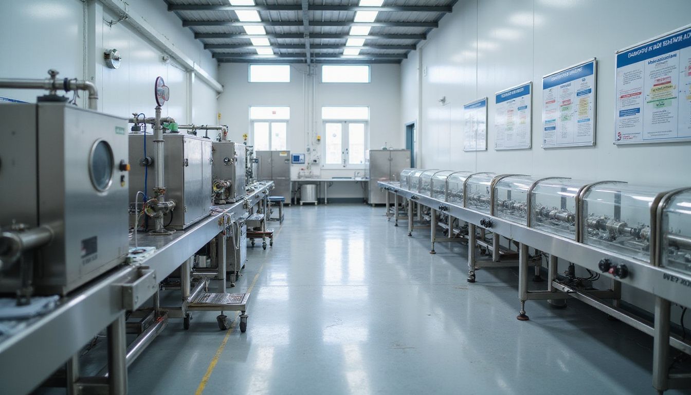 A pristine, organized factory floor featuring stainless steel production lines.