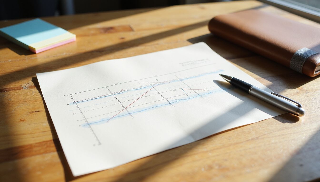 A wooden desk features a swimlane diagram and organized office supplies.