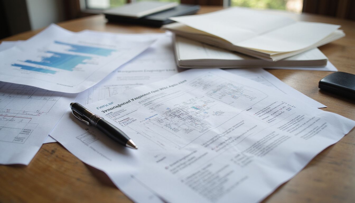 Cluttered desk with technical documents highlights a Systems Engineering workspace.