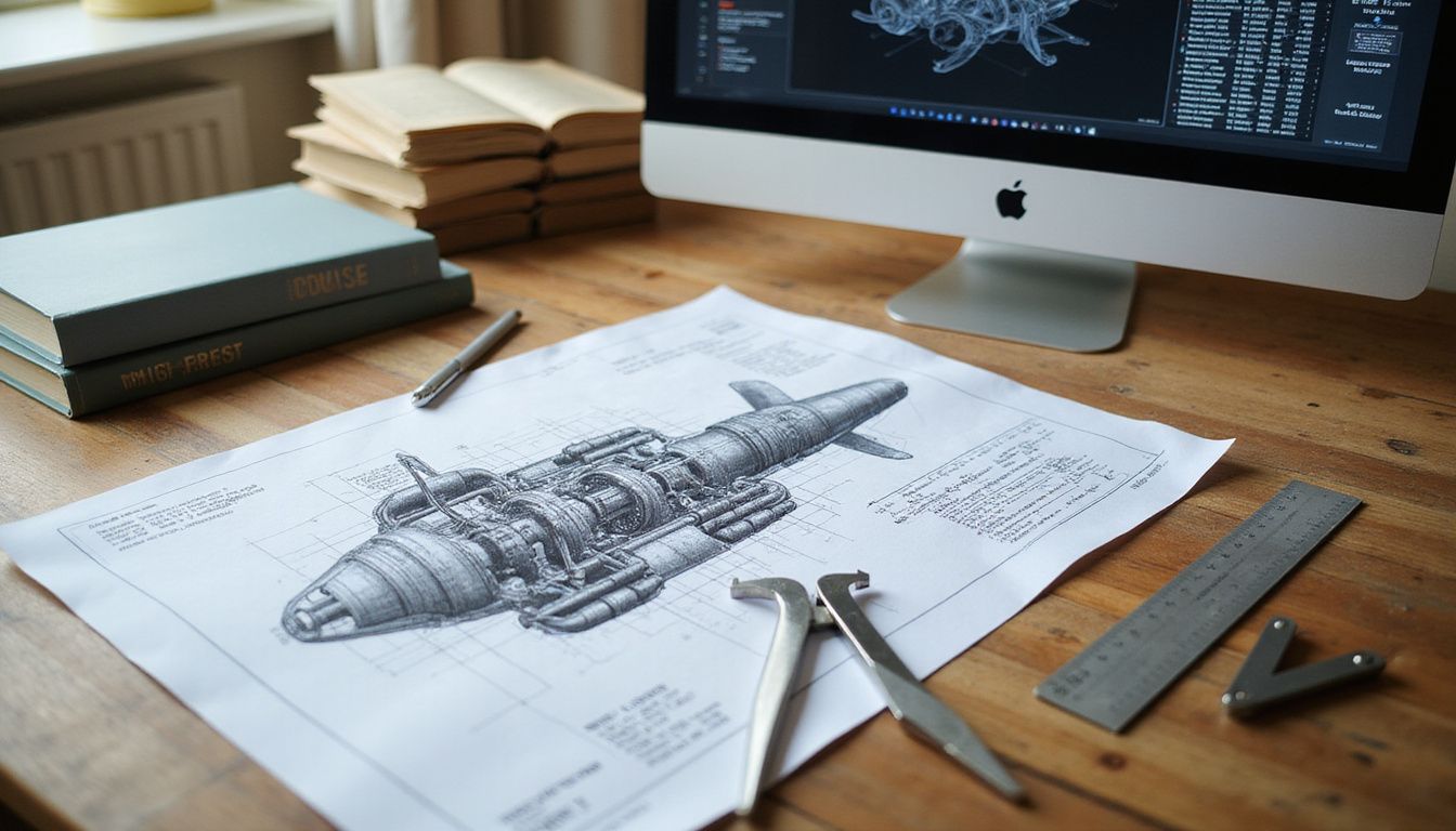 An engineering workspace featuring a detailed aircraft engine blueprint and tools.