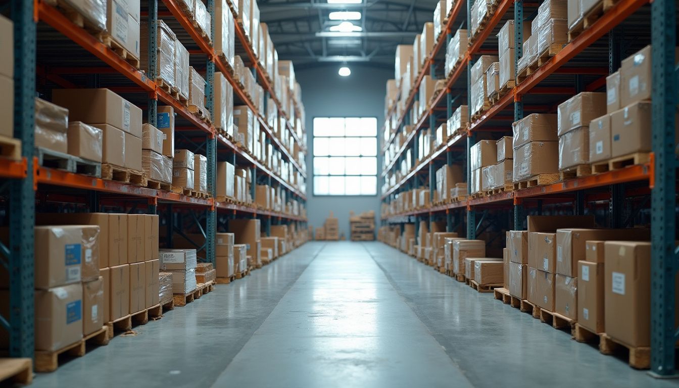 A spacious warehouse filled with organized products and advanced technology.