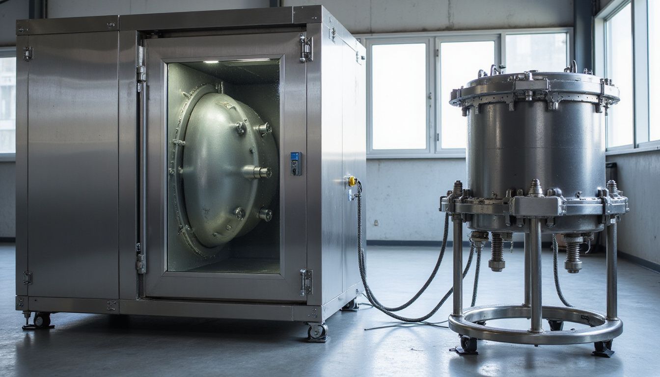 Aerospace prototype housed in a temperature-controlled chamber with testing equipment.