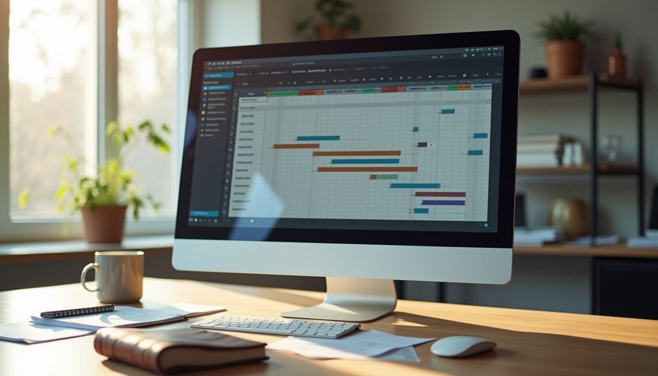 A modern office desk displays a detailed project timeline on a monitor.