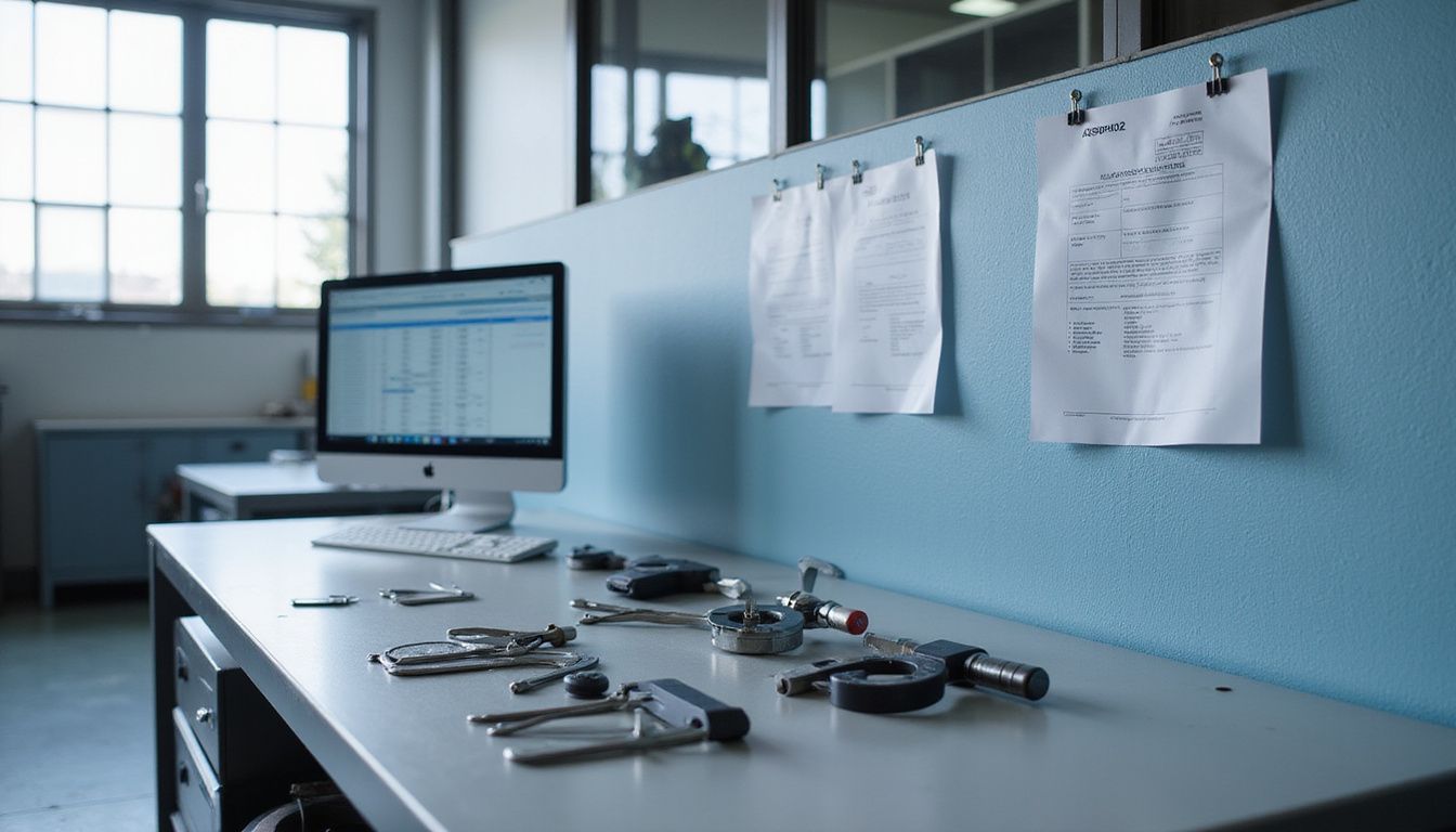 Aneat aerospace manufacturing workspace with precision tools and inspection software.