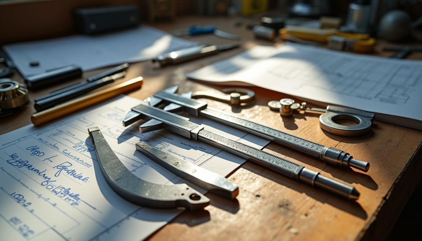 A cluttered workshop bench filled with precision measurement tools and drawings.