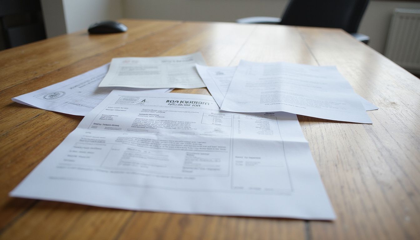 A wooden desk displays various official certificates and reports.