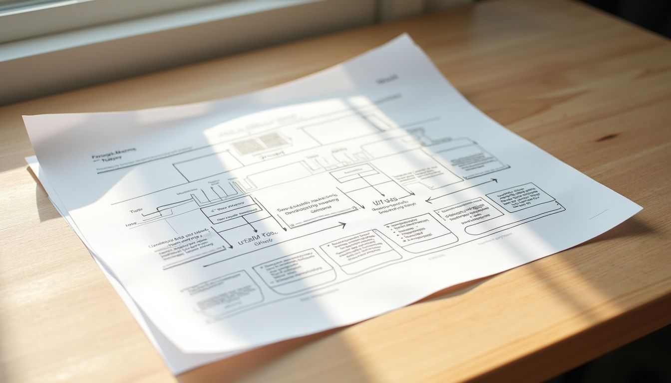 A detailed Value Stream Map rests on an oak desk.
