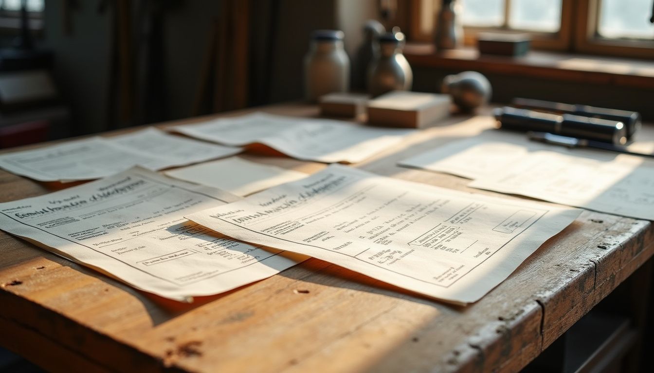 A cluttered workshop table filled with material certificates and tools.