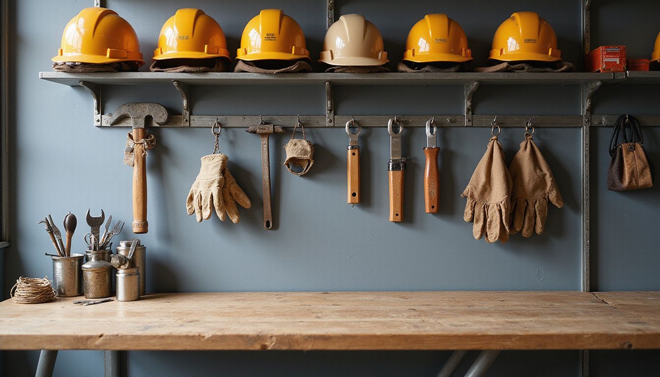 A meticulously organized workspace showcasing tools and safety equipment.
