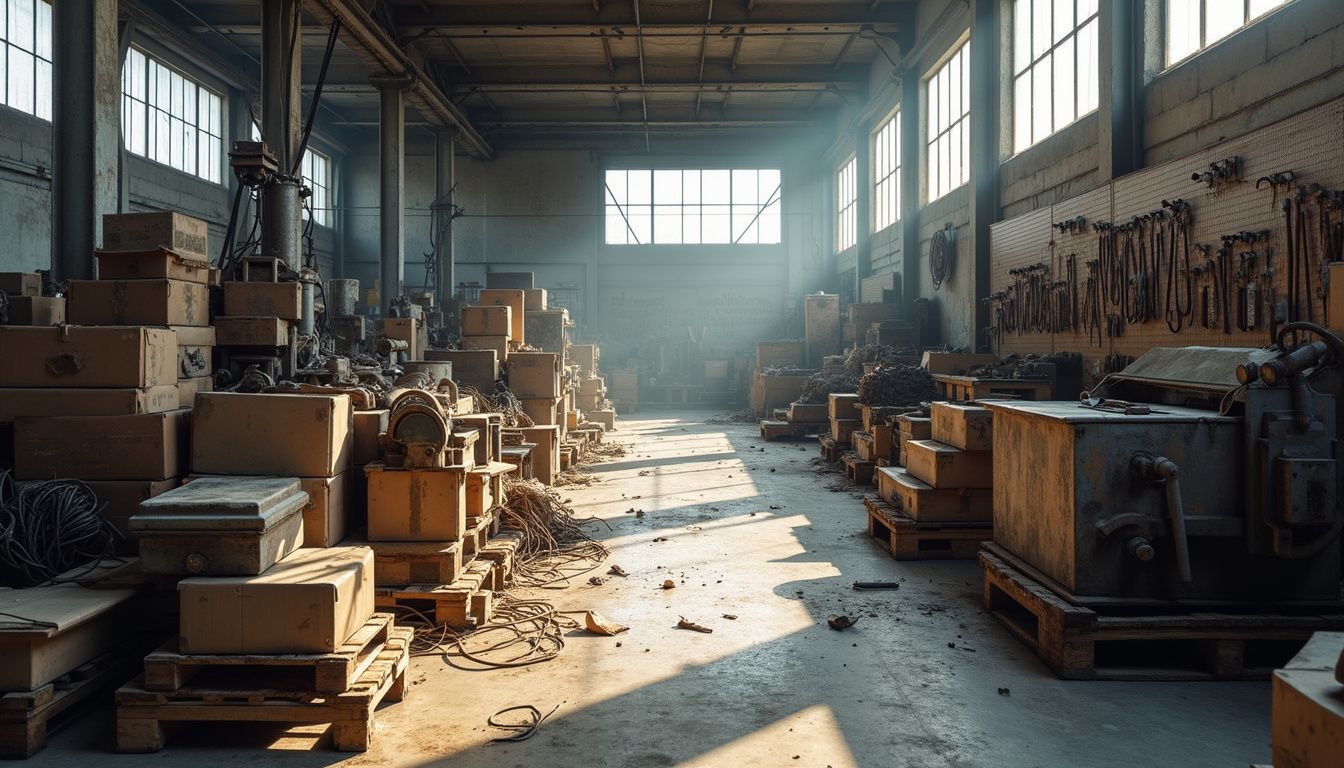 A cluttered manufacturing shop floor filled with rusted machinery and tools.