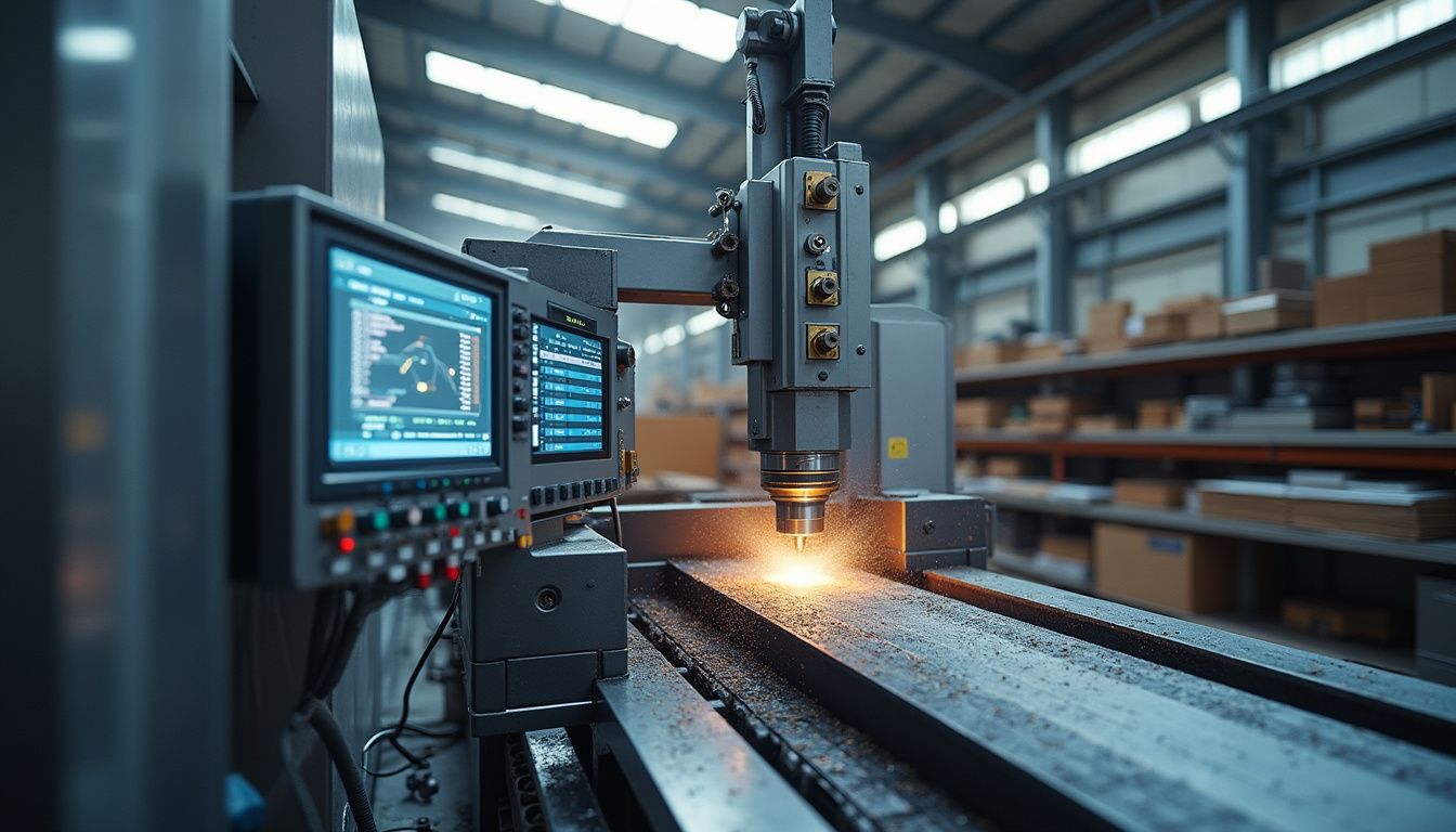 CNC machine operating in a modern, well-equipped manufacturing facility. CNC machine operating in a modern, well-equipped manufacturing facility.