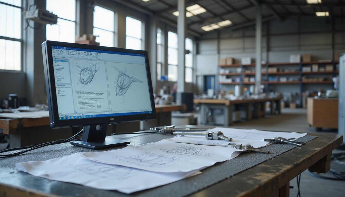 A workstation displays FAI software amidst an organized aerospace manufacturing environment.