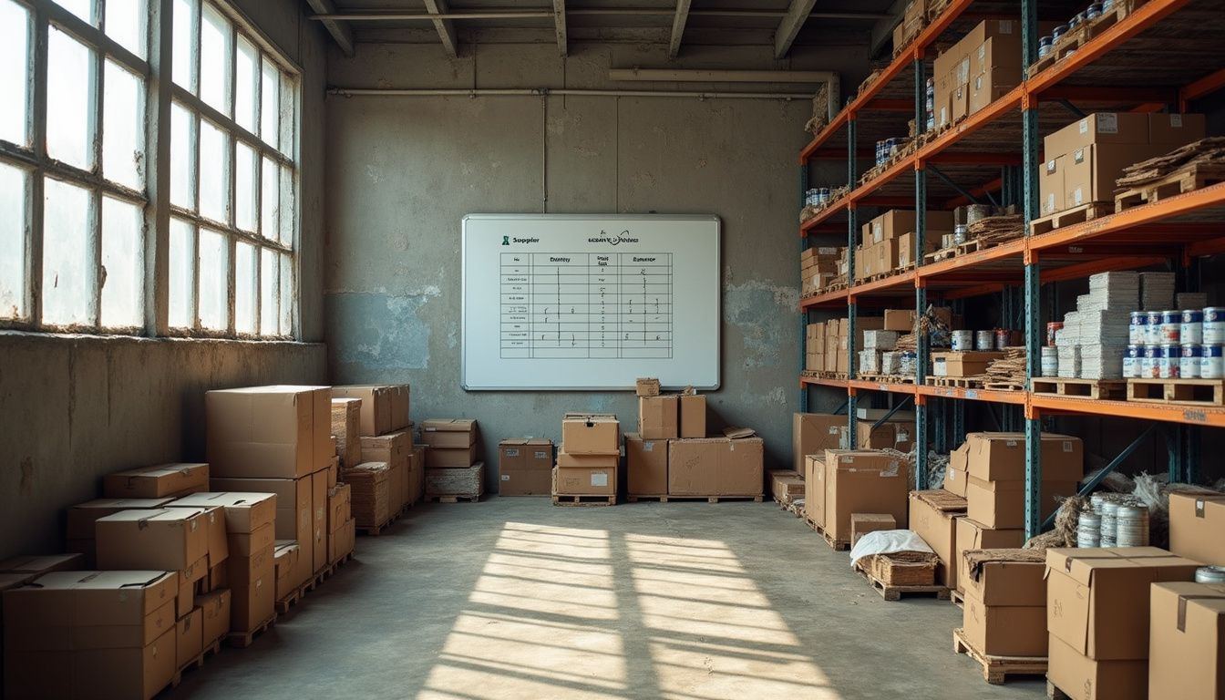 Cluttered warehouse interior filled with aged products and industrial shelving.