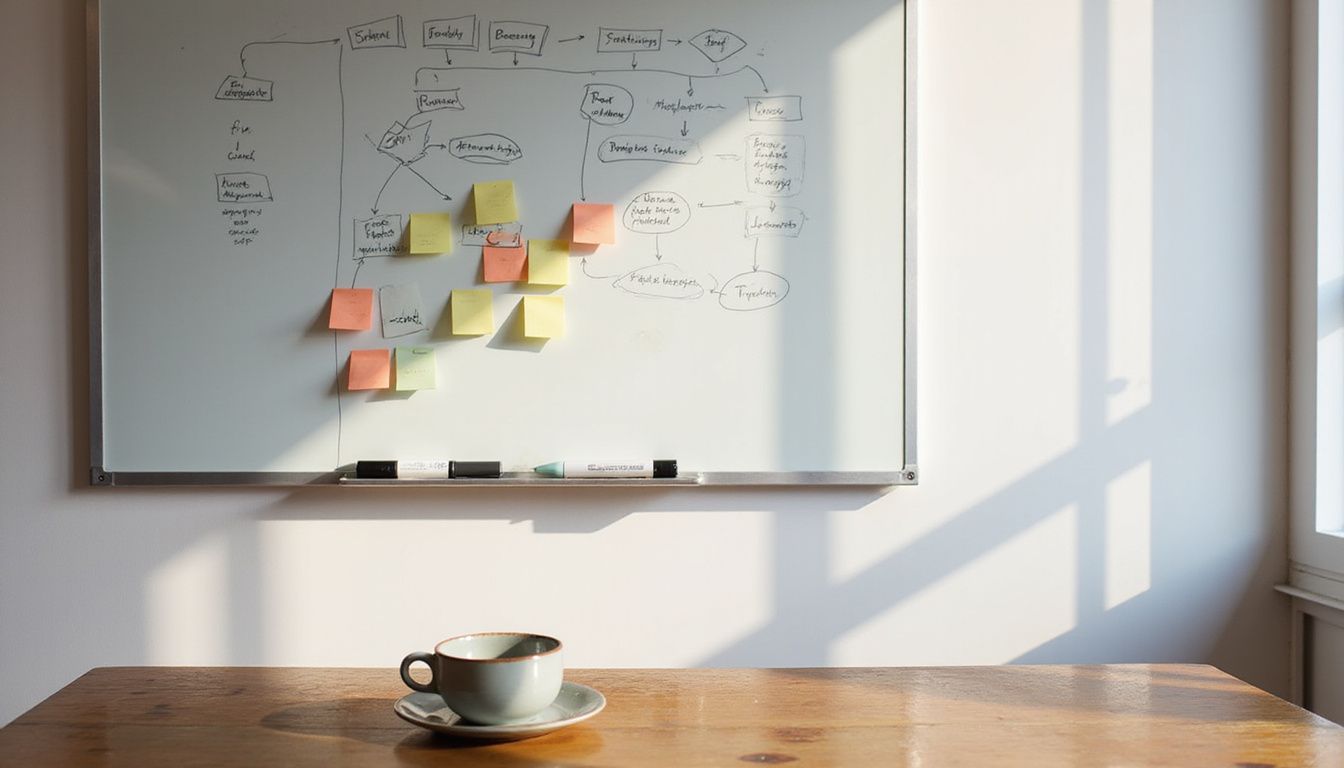 A detailed flowchart on a whiteboard in an empty conference room.