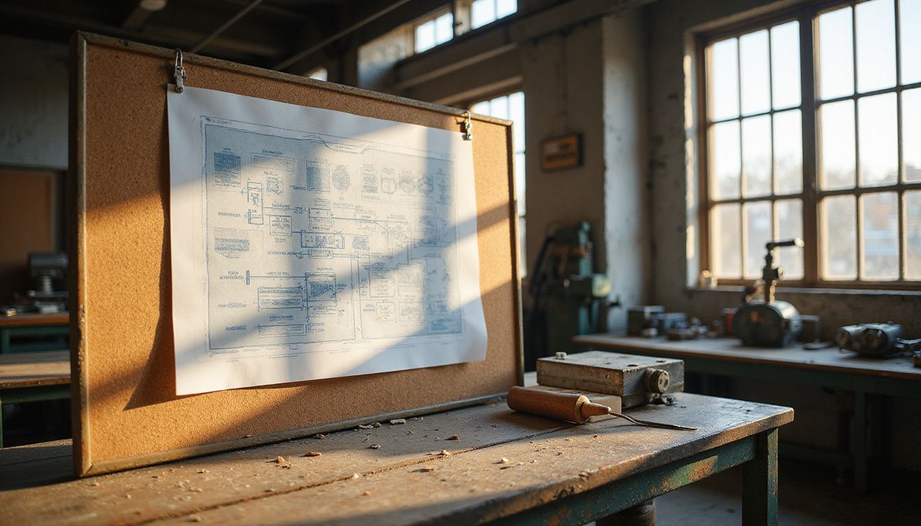A detailed value stream map pinned to a worn corkboard in a workshop.