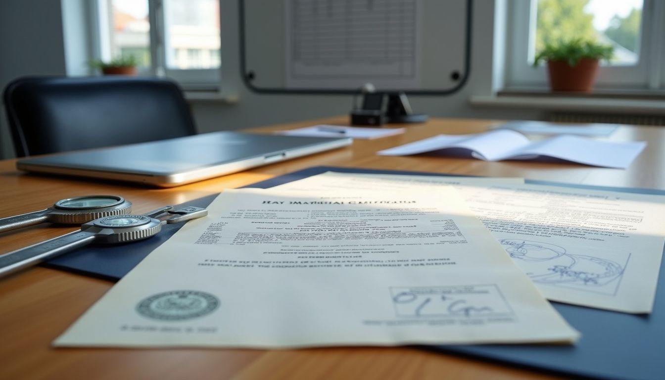 A detailed setup of inspection tools and certification documents on a table.