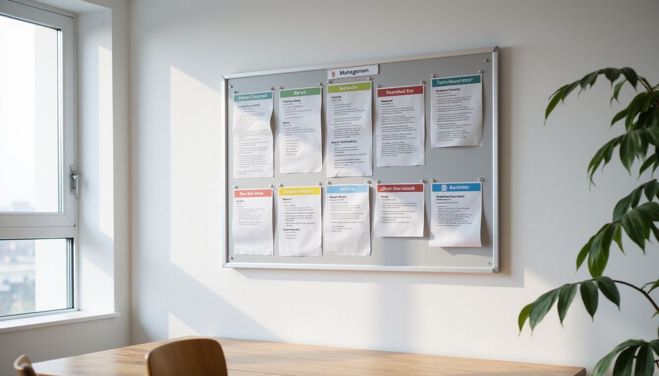 A sleek visual management board displays organized daily goals and 5S practices. A sleek visual management board displays organized daily goals and 5S practices.
