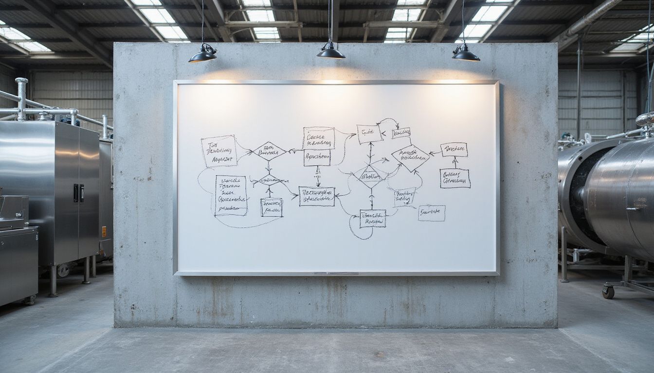 A detailed process map on a matte whiteboard in an industrial setting.